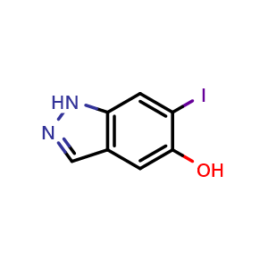 Chemical structure of 6-iodo-1H-indazol-5-ol , CAS 2090464-51-8, AChemBlock Q54521