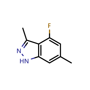 Chemical structure of 4-fluoro-3,6-dimethyl-1H-indazole , CAS 2306265-60-9, AChemBlock Q54534