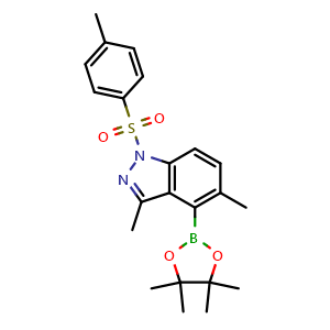 Chemical structure of 3,5-dimethyl-4-(4,4,5,5-tetramethyl-1,3,2-dioxaborolan-2-yl)-1-tosyl-1H-indazole , CAS 1421252-90-5, AChemBlock Q54579