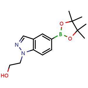 Chemical structure of 2-(5-(4,4,5,5-tetramethyl-1,3,2-dioxaborolan-2-yl)-1H-indazol-1-yl)ethan-1-ol , CAS 1476076-04-6, AChemBlock Q54585