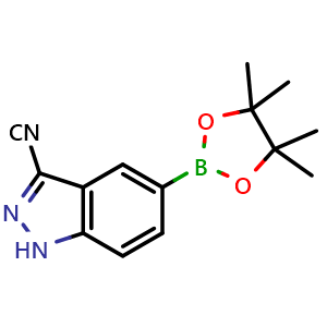 Chemical structure of 5-(4,4,5,5-tetramethyl-1,3,2-dioxaborolan-2-yl)-1H-indazole-3-carbonitrile , CAS 1463055-84-6, AChemBlock Q54586