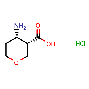 Chemical structure of (3S,4S)-4-aminotetrahydro-2H-pyran-3-carboxylic acid hydrochloride , CAS 2306249-66-9, AChemBlock Q54605