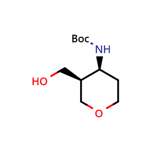 Chemical structure of tert-butyl ((3R,4S)-3-(hydroxymethyl)tetrahydro-2H-pyran-4-yl)carbamate , CAS 2306246-97-7, AChemBlock Q54606