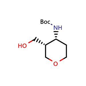 Chemical structure of tert-butyl ((3S,4R)-3-(hydroxymethyl)tetrahydro-2H-pyran-4-yl)carbamate , CAS 2165968-38-5, AChemBlock Q54607