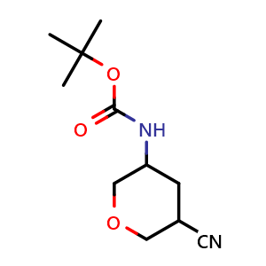 Chemical structure of tert-butyl (5-cyanotetrahydro-2H-pyran-3-yl)carbamate , CAS 2113502-21-7, AChemBlock Q54613