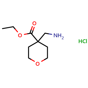 Chemical structure of ethyl 4-(aminomethyl)tetrahydro-2H-pyran-4-carboxylate hydrochloride , CAS 1016258-35-7, AChemBlock Q54641