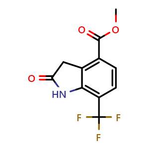 Chemical structure of methyl 2-oxo-7-(trifluoromethyl)indoline-4-carboxylate , CAS 1260676-89-8, AChemBlock Q54689