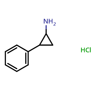 Chemical structure of 2-phenylcyclopropan-1-amine hydrochloride , CAS 61-81-4, AChemBlock Q54793