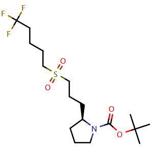 Chemical structure of tert-butyl (S)-2-(3-((5,5,5-trifluoropentyl)sulfonyl)propyl)pyrrolidine-1-carboxylate , CAS 1670273-31-0, AChemBlock Q54827