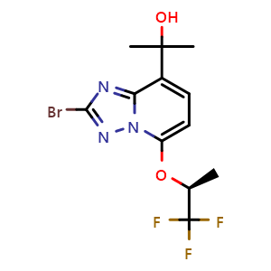 Chemical structure of (S)-2-(2-bromo-5-((1,1,1-trifluoropropan-2-yl)oxy)-[1,2,4]triazolo[1,5-a]pyridin-8-yl)propan-2-ol , CAS 2170793-02-7, AChemBlock Q54871