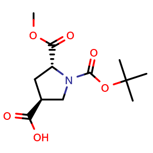 Chemical structure of (3S,5R)-1-(tert-butoxycarbonyl)-5-(methoxycarbonyl)pyrrolidine-3-carboxylic acid , CAS 2306246-06-8, AChemBlock Q54933