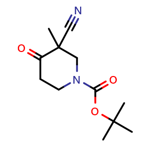 Chemical structure of tert-butyl 3-cyano-3-methyl-4-oxopiperidine-1-carboxylate , CAS 914988-11-7, AChemBlock Q54938
