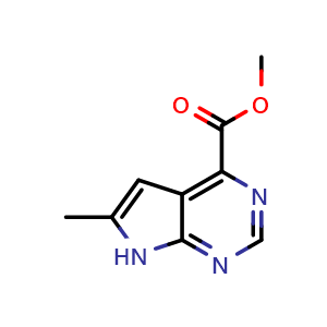 Chemical structure of methyl 6-methyl-7H-pyrrolo[2,3-d]pyrimidine-4-carboxylate , CAS 1638767-69-7, AChemBlock Q55104