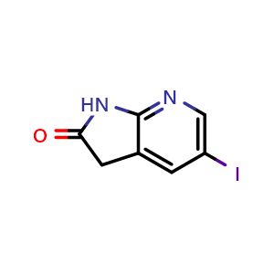 Chemical structure of 5-iodo-1,3-dihydro-2H-pyrrolo[2,3-b]pyridin-2-one , CAS 1160112-78-6, AChemBlock Q55136