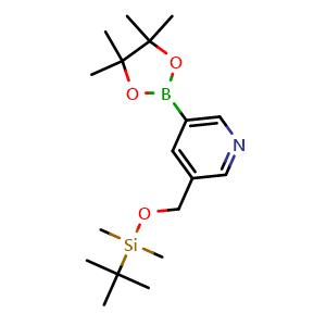 Chemical structure of 3-(((tert-butyldimethylsilyl)oxy)methyl)-5-(4,4,5,5-tetramethyl-1,3,2-dioxaborolan-2-yl)pyridine , CAS 1310383-10-8, AChemBlock Q55188