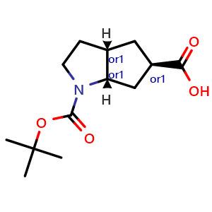 Chemical structure of exo-1-[(tert-butoxy)carbonyl]-octahydrocyclopenta[b]pyrrole-5-carboxylic acid , CAS 1251006-61-7, AChemBlock Q55211