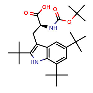Chemical structure of (S)-2-((tert-butoxycarbonyl)amino)-3-(2,5,7-tri-tert-butyl-1H-indol-3-yl)propanoic acid , CAS 78654-82-7, AChemBlock Q55318