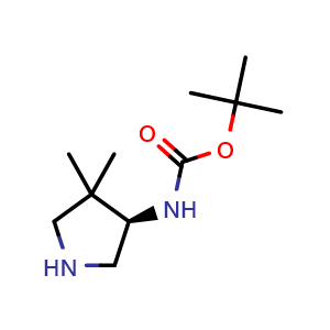 Chemical structure of tert-butyl (R)-(4,4-dimethylpyrrolidin-3-yl)carbamate , CAS 219323-15-6, AChemBlock Q55424