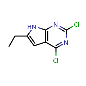 Chemical structure of 2,4-dichloro-6-ethyl-7H-pyrrolo[2,3-d]pyrimidine , CAS 1275608-17-7, AChemBlock Q55566