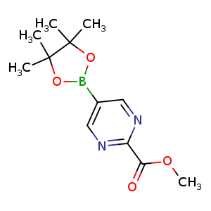 Chemical structure of methyl 5-(4,4,5,5-tetramethyl-1,3,2-dioxaborolan-2-yl)pyrimidine-2-carboxylate , CAS 1610705-51-5, AChemBlock Q55569