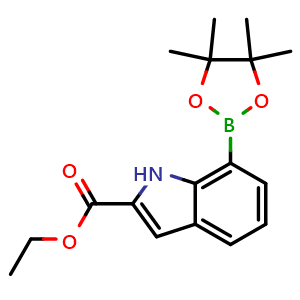 Chemical structure of ethyl 7-(4,4,5,5-tetramethyl-1,3,2-dioxaborolan-2-yl)-1H-indole-2-carboxylate , CAS 919119-62-3, AChemBlock Q55574