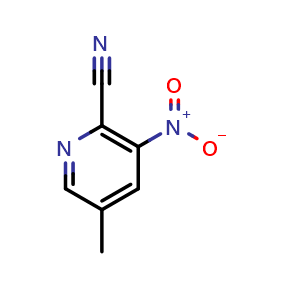 Chemical structure of 5-methyl-3-nitropicolinonitrile , CAS 1089330-68-6, AChemBlock Q55614