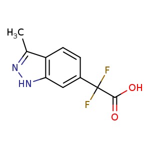 Chemical structure of 2,2-difluoro-2-(3-methyl-1H-indazol-6-yl)acetic acid , CAS 1547098-94-1, AChemBlock Q55681