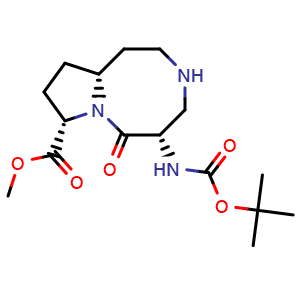Chemical structure of methyl (5S,8S,10aR)-5-((tert-butoxycarbonyl)amino)-6-oxodecahydropyrrolo[1,2-a][1,5]diazocine-8-carboxylate , CAS 957135-12-5, AChemBlock Q55696