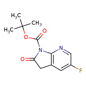 Chemical structure of tert-butyl 5-fluoro-2-oxo-2,3-dihydro-1H-pyrrolo[2,3-b]pyridine-1-carboxylate , CAS 1638765-28-2, AChemBlock Q55734