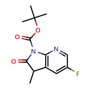 Chemical structure of tert-butyl 5-fluoro-3-methyl-2-oxo-2,3-dihydro-1H-pyrrolo[2,3-b]pyridine-1-carboxylate , CAS 1638761-17-7, AChemBlock Q55735