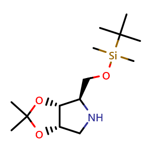 Chemical structure of (3aR,4R,6aS)-4-(((tert-butyldimethylsilyl)oxy)methyl)-2,2-dimethyltetrahydro-4H-[1,3]dioxolo[4,5-c]pyrrole , CAS 153172-31-7, AChemBlock Q55748