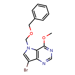 Chemical structure of 5-((benzyloxy)methyl)-7-bromo-4-methoxy-5H-pyrrolo[3,2-d]pyrimidine , CAS 299916-62-4, AChemBlock Q55776
