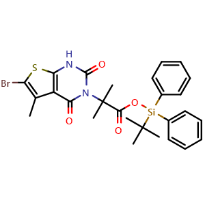 Chemical structure of tert-butyldiphenylsilyl 2-(6-bromo-5-methyl-2,4-dioxo-1,4-dihydrothieno[2,3-d]pyrimidin-3(2H)-yl)-2-methylpropanoate , CAS 1434651-97-4, AChemBlock Q55786
