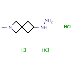 Chemical structure of 6-hydrazineyl-2-methyl-2-azaspiro[3.3]heptane trihydrochloride , CAS 2306271-50-9, AChemBlock Q55832
