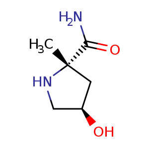 Chemical structure of (2S,4R)-4-hydroxy-2-methylpyrrolidine-2-carboxamide , CAS 1163706-91-9, AChemBlock Q55847