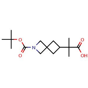 Chemical structure of 2-(2-(tert-butoxycarbonyl)-2-azaspiro[3.3]heptan-6-yl)-2-methylpropanoic acid , CAS 2306275-64-7, AChemBlock Q55857