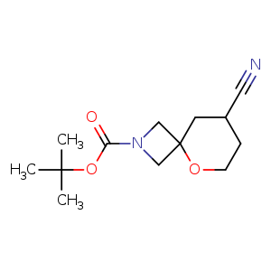 Chemical structure of tert-butyl 8-cyano-5-oxa-2-azaspiro[3.5]nonane-2-carboxylate , CAS 2105532-12-3, AChemBlock Q55908