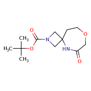 Chemical structure of tert-butyl 6-oxo-8-oxa-2,5-diazaspiro[3.6]decane-2-carboxylate , CAS 2306276-17-3, AChemBlock Q55967