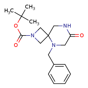 Chemical structure of tert-butyl 5-benzyl-7-oxo-2,5,8-triazaspiro[3.5]nonane-2-carboxylate , CAS 1936638-61-7, AChemBlock Q55985