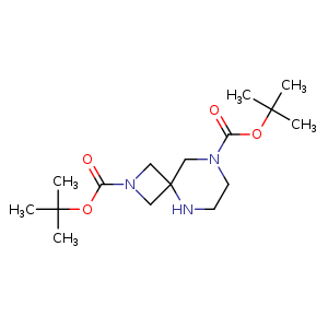 Chemical structure of di-tert-butyl 2,5,8-triazaspiro[3.5]nonane-2,8-dicarboxylate , CAS 1639963-79-3, AChemBlock Q55987