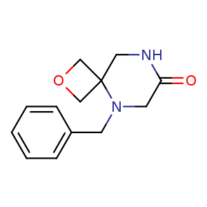 Chemical structure of 5-benzyl-2-oxa-5,8-diazaspiro[3.5]nonan-7-one , CAS 1936388-34-9, AChemBlock Q56005
