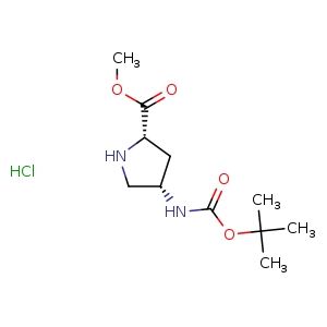 Chemical structure of methyl (2S,4S)-4-((tert-butoxycarbonyl)amino)pyrrolidine-2-carboxylate hydrochloride , CAS 1279039-33-6, AChemBlock Q56030