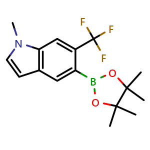 Chemical structure of 1-methyl-5-(4,4,5,5-tetramethyl-1,3,2-dioxaborolan-2-yl)-6-(trifluoromethyl)-1H-indole , CAS 1649953-48-9, AChemBlock Q56064