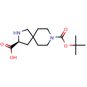 Chemical structure of (S)-8-(tert-butoxycarbonyl)-2,8-diazaspiro[4.5]decane-3-carboxylic acid , CAS 2306253-97-2, AChemBlock Q56067