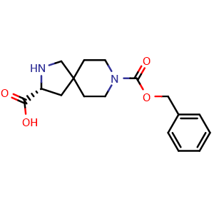 Chemical structure of (R)-8-((benzyloxy)carbonyl)-2,8-diazaspiro[4.5]decane-3-carboxylic acid , CAS 2306252-26-4, AChemBlock Q56069