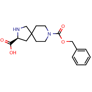Chemical structure of (S)-8-((benzyloxy)carbonyl)-2,8-diazaspiro[4.5]decane-3-carboxylic acid , CAS 2306254-71-5, AChemBlock Q56070
