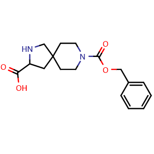 Chemical structure of 8-((benzyloxy)carbonyl)-2,8-diazaspiro[4.5]decane-3-carboxylic acid , CAS 2306263-08-9, AChemBlock Q56071