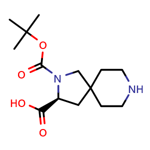 Chemical structure of (S)-2-(tert-butoxycarbonyl)-2,8-diazaspiro[4.5]decane-3-carboxylic acid , CAS 2306249-97-6, AChemBlock Q56076