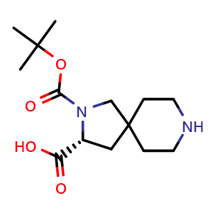 Chemical structure of (R)-2-(tert-butoxycarbonyl)-2,8-diazaspiro[4.5]decane-3-carboxylic acid , CAS 2306253-96-1, AChemBlock Q56077