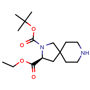 Chemical structure of 2-(tert-butyl) 3-ethyl (S)-2,8-diazaspiro[4.5]decane-2,3-dicarboxylate , CAS 1675970-16-7, AChemBlock Q56079